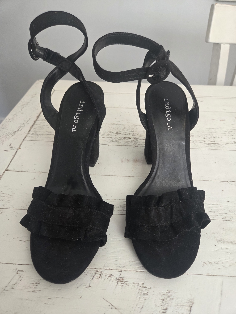 Indigo Rd. Black Ruffle Ankle-Strap Faux Suede Block Heel Sandals